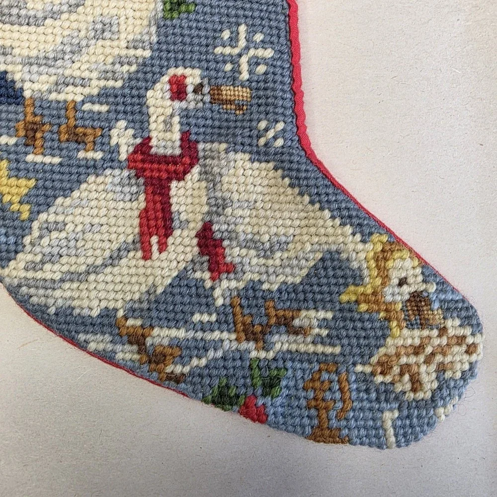 Lot 2 Vintage Small Size needlepoint christmas stockings Geometric‎ & Geese